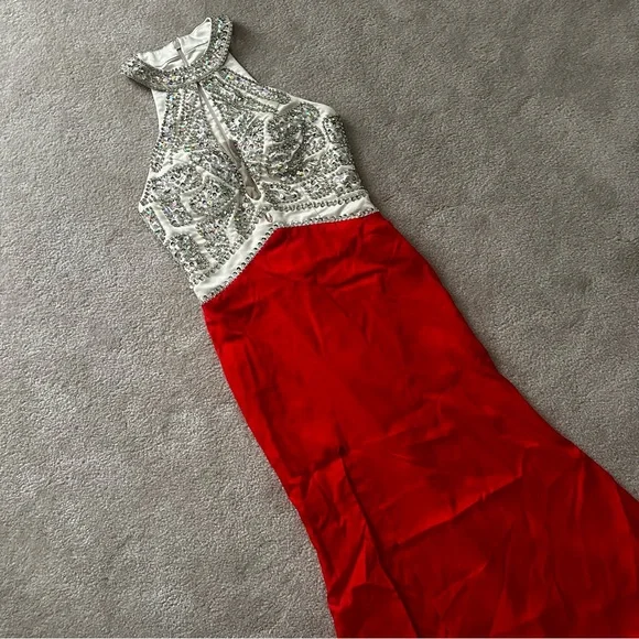 Champagne Silver and Red Embellished High Slit Halter Train Dress - Picture 4 of 7
